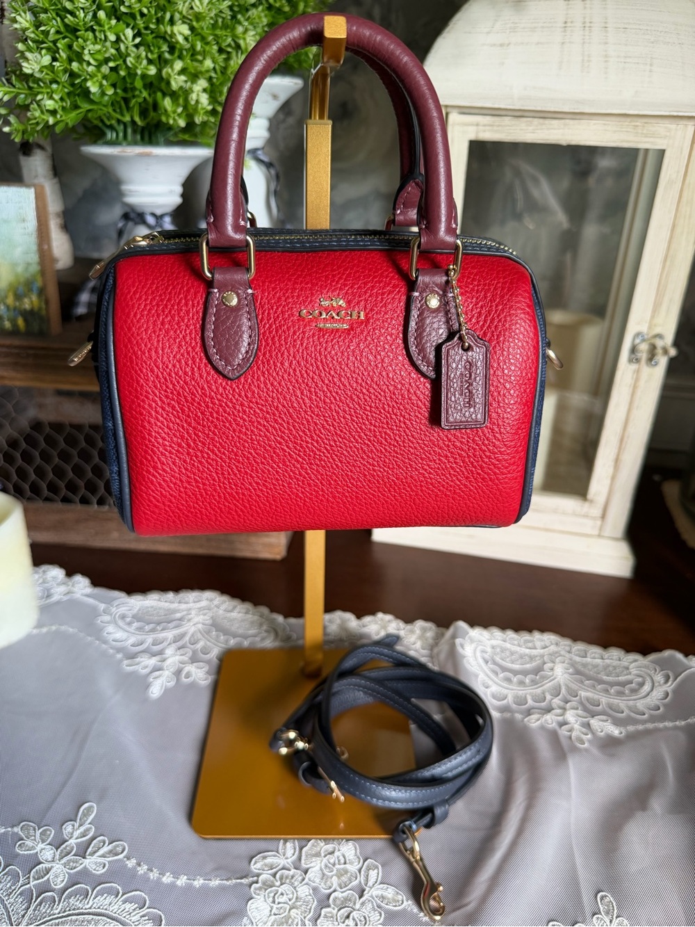 Coach Mini Rowan Crossbody Bag in Red Denim Colorblock Signature Canvas